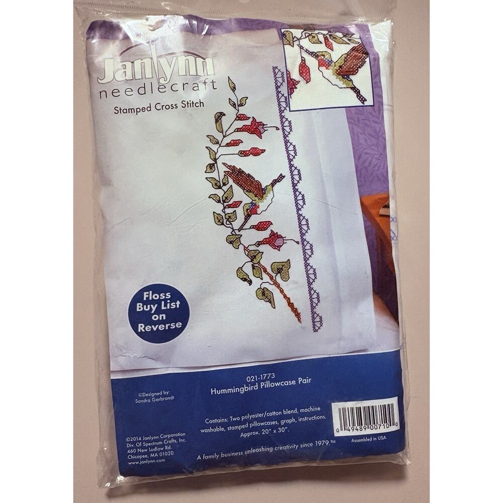 Janlynn Stamped Cross Stitch Pillowcase Pair 20"X30"-Hummingbird